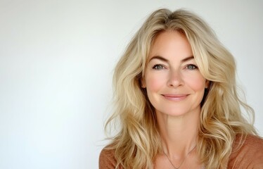 Naklejka premium Cheerful blonde woman in her 50s poses for camera promoting anti aging skincare and hair products against a white background Close up shot