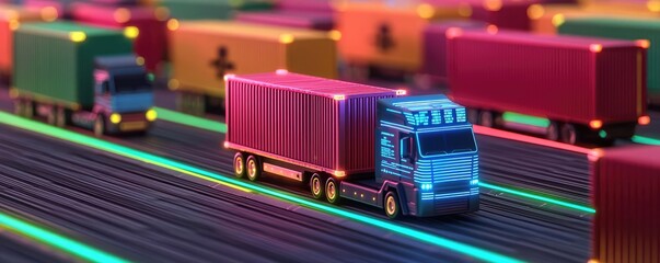 Obraz premium Colorful trucks navigating a vibrant, illuminated transport route.