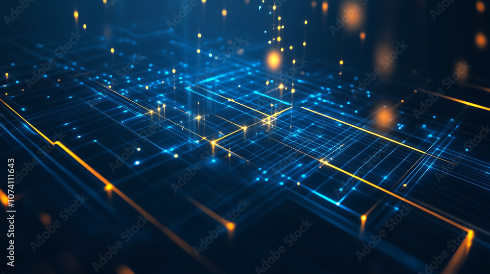 Poster blue digital circuit with data blocks and holographic icons on a dark background, abstract backgroun