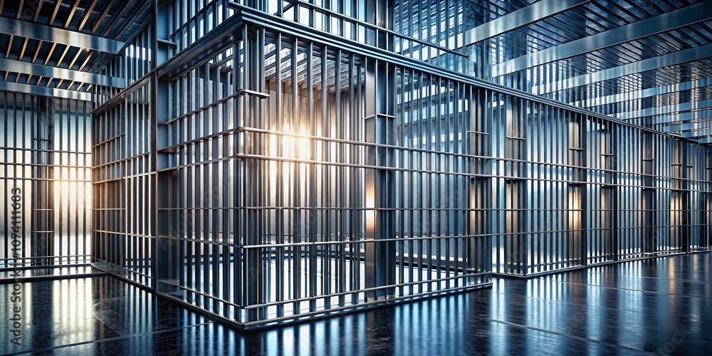 Poster long exposure of glossy metal prison bars in square cells with dramatic lighting and shadows, captur