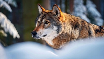 Obraz premium Eurasian wolf in the forest. Wolves in Bavarian forest during winter time. Wildlife in in Europe during winter time.