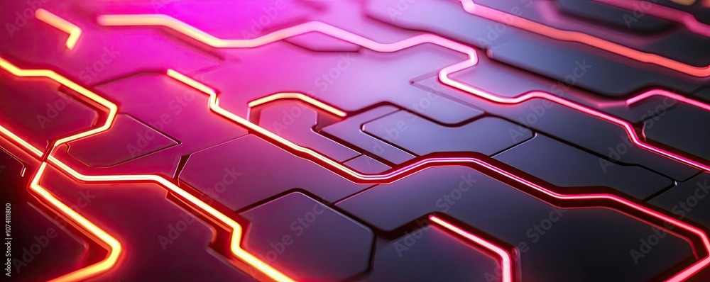 Aufkleber abstract circuit pattern with neon lights on a dark surface.