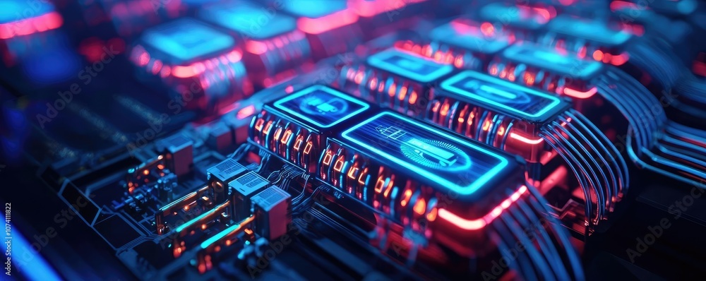 Poster close-up of futuristic computer circuit with glowing neon lights and intricate designs.