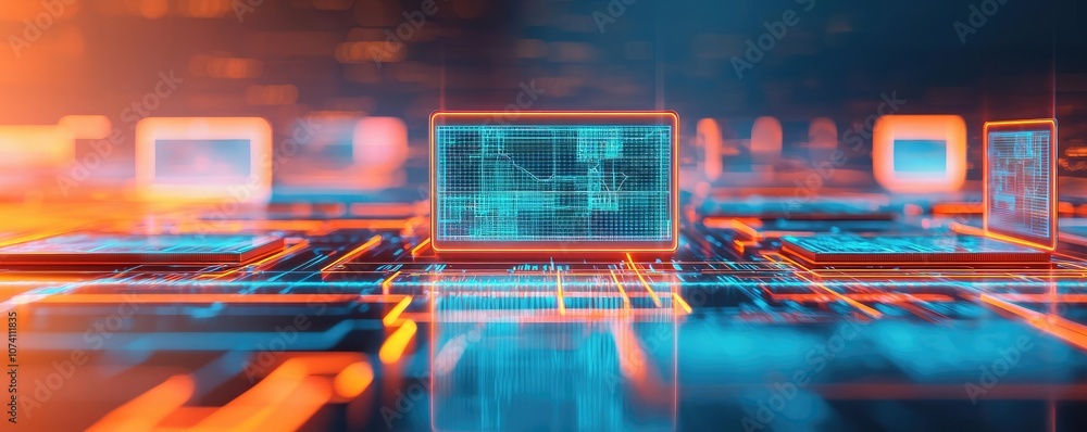Poster abstract digital technology background with glowing circuit and monitors.
