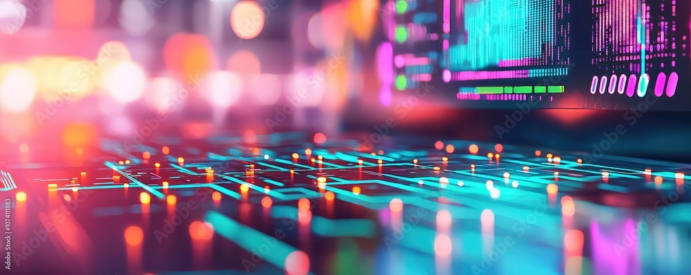 Poster colorful circuit board with glowing lights and abstract patterns.