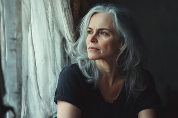 Obraz premium Distraught middle aged woman gazing out of a window reflecting on health issues isolation bad news and grief