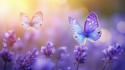 Naklejka premium A serene scene featuring two butterflies hovering over lavender flowers in soft, dreamy lighting.