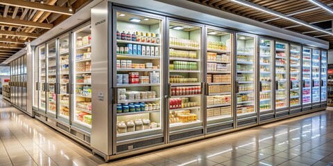 Long Open Fridge Showcasing a Variety of Cream Products on Shelves in a Modern Superstore Setting with Bright Lighting and Clear Visibility of Items