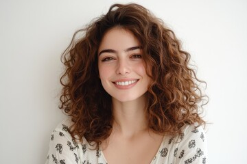 Image of a joyful 25 year old woman with curly hair smiling confidently against a light backdrop