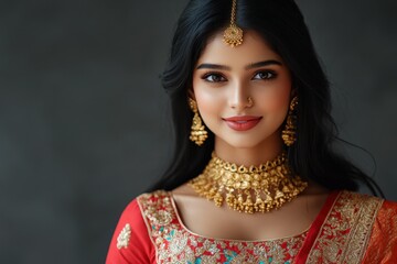 Image of a stunning Indian girl Young Hindu model wearing ornate kundan jewelry and traditional lehenga choli