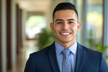 Joyful young Hispanic businessman in office close up portrait Successful male executive smiling at the camera
