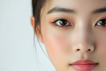 Fototapeta premium Portrait of a lovely young Asian woman with flawless skin against a white backdrop emphasizing skin and beauty care for marketing purposes