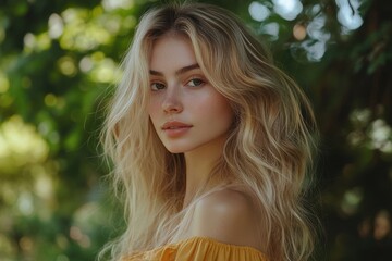 Naklejka premium Portrait of a young blonde with glossy wavy hair featuring trendy butterfly layers