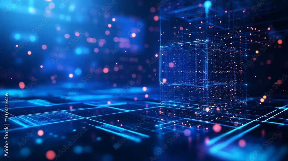 Poster abstract blue technology hexagonal background, blue technology background with glowing cubes 3d rend
