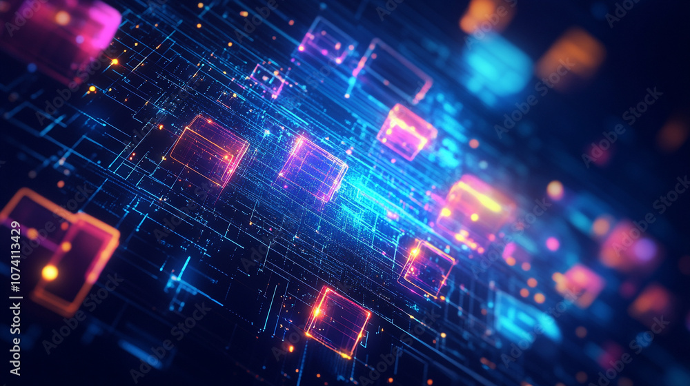 Poster abstract blue technology hexagonal background, blue technology background with glowing cubes 3d rend