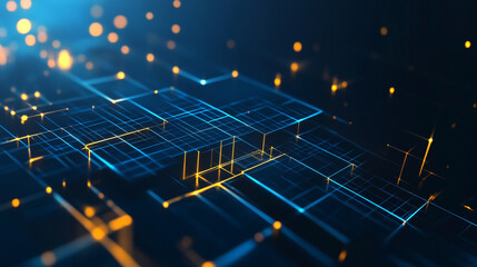 Digital handshake on blue technology background, business background, Background abstract blue technology box floor cyberspace with glowing cubes 