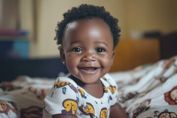 Fototapeta premium Smiling toddler in bed indoors
