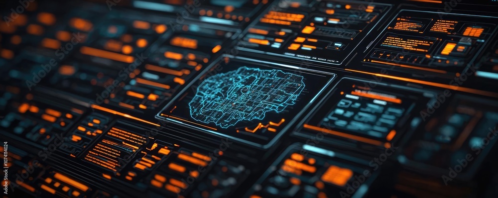 Poster futuristic digital interface with glowing buttons and screens, dark background.