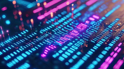 Fototapeta premium Abstract data visualization with vibrant pink and blue lights on a digital background.