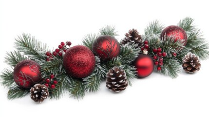 Festive Red and Green Holiday Decorations with Pinecones and Ornaments