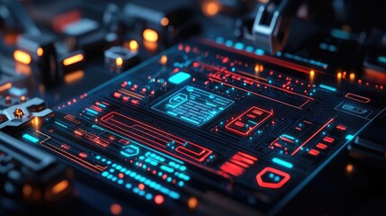 Obraz premium Abstract circuit board design with vibrant blue and red neon lights on a black background.