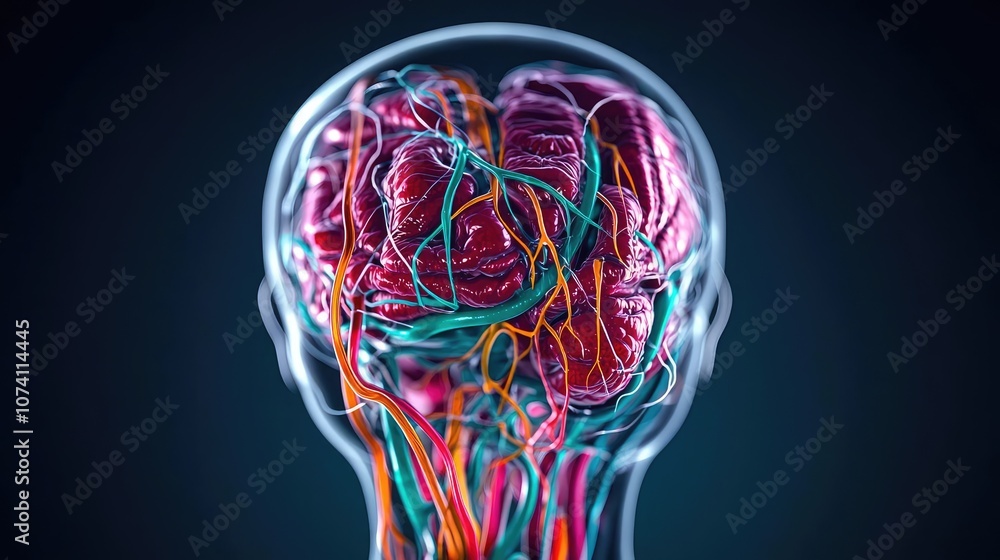 Poster human brain model with colorful neural pathways, isolated on dark background.