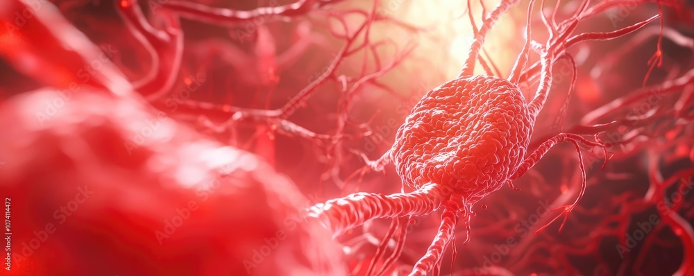 Poster close-up view of red neurons in a neural network, isolated background