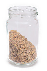 Rosemary Seasoning in a Small Glass Jar Isolated on White Background