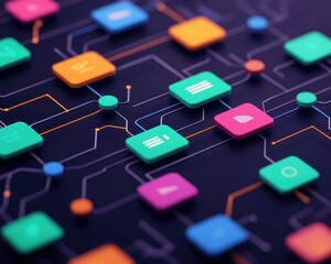 A vibrant, abstract network of colorful squares and lines, symbolizing technology, connectivity, and digital interfaces.