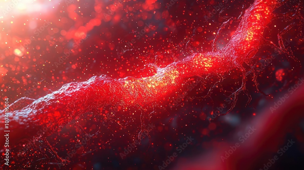 Poster abstract red strand with sparkles on a dark background.