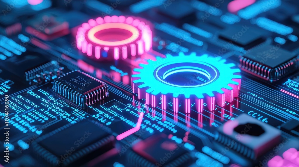 Poster close-up of a colorful circuit board with glowing gears.