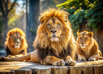 Majestic Adult Lion with Luxurious Mane Resting in Zoo Enclosure, Showcasing the Beauty of African Wildlife Under the Sun, Perfect for Nature and Animal Photography Collections