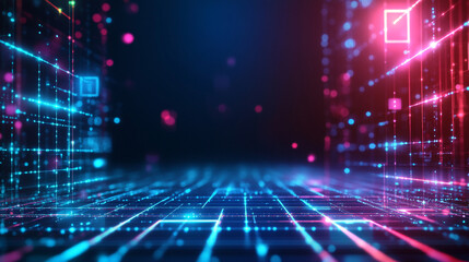 Obraz premium Vibrant abstract digital waveform background with dynamic glowing particles, Vibrant streams of colorful data flow through servers, creating a futuristic ambiance that showcases.