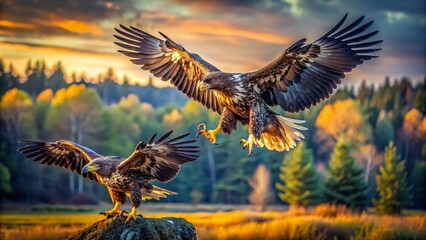 Fototapeta premium Majestic Bald Eagle Juveniles Landing Gracefully on a Perch in a Serene Natural Landscape Captured in Long Exposure, Showcasing Their Feathers and Muscles in Motion