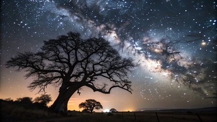 Majestic Big Tree Silhouetted Against a Starry Night Sky in Low Light Photography, Showcasing Nature's Beauty and Tranquility for Landscape Lovers and Outdoor Enthusiasts