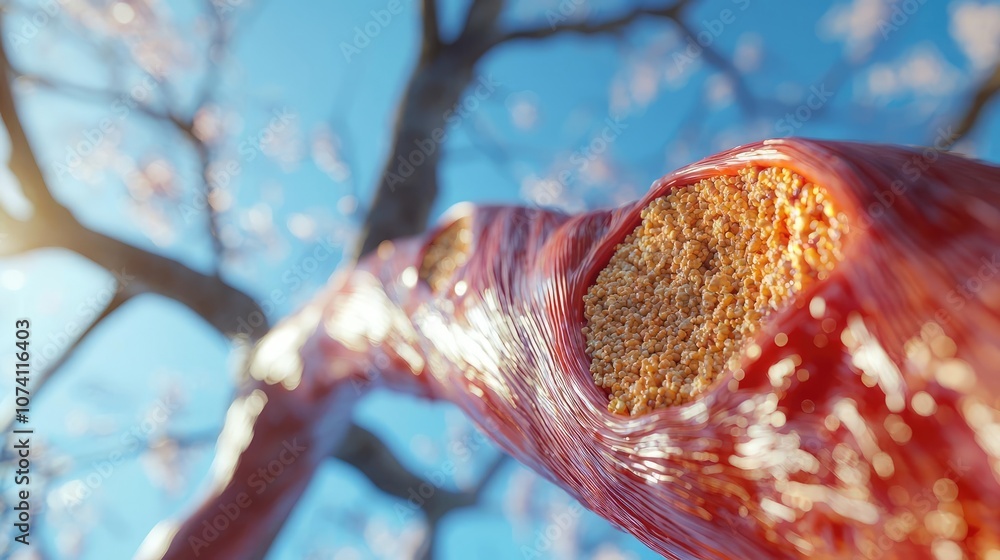Poster close-up of a unique tree trunk with colorful texture against a bright blue sky.