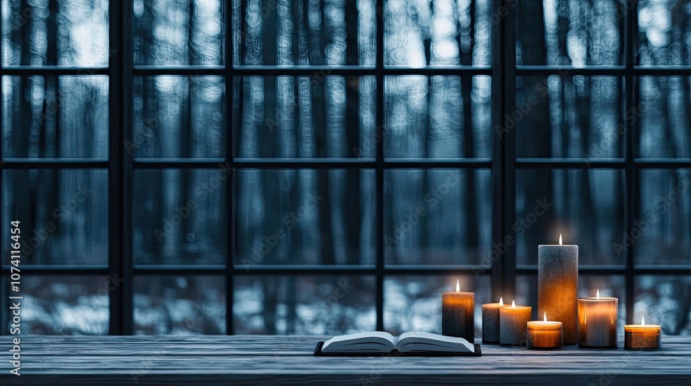 Poster candles and an open book on a table against a serene forest backdrop.