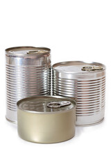 A Group of Stacked Tin Cans with Blank Edges Isolated on White Background. Canned Food. Different Aluminum Cans for Safe and Long Term Storage of Food. Steel Sealed Food Storage Containers - Isolation