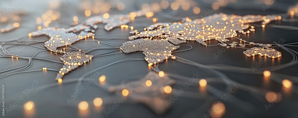 Poster glowing world map with interconnected lights on dark background.