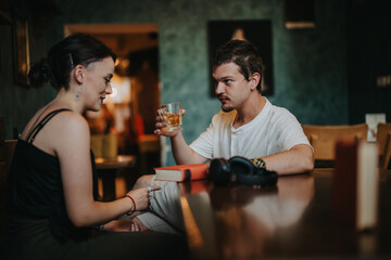 A young couple engaging in a conversation while sitting at a table in a cozy cafe, with books and drinks. Capturing a moment of connection and relaxation.