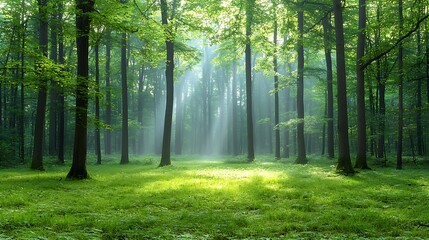 Obraz premium Experience the serene beauty of a sunlit forest with captivating greenery and tranquil atmosphere