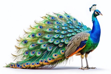 Majestic Peacock Standing Gracefully Against a Crisp White Background, Showcasing Its Vibrant Feathers in Stunning Detail, Perfect for Nature Lovers and Wildlife Enthusiasts