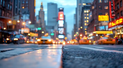 Fototapeta premium Explore the vibrant city life as cars rush through a busy urban landscape at dusk