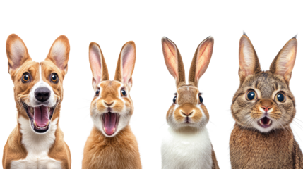 Surprised Expressions of Dogs and Rabbits a White Background Generative AI