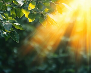 Sunlight filters through green leaves, creating a warm, luminous atmosphere enhanced by glistening droplets of water.