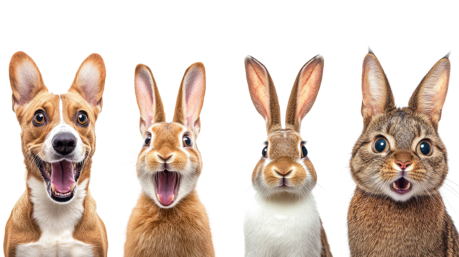 Surprised Expressions of Dogs and Rabbits a White Background Generative AI