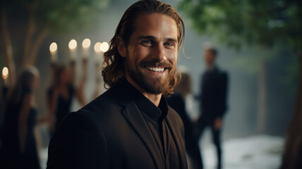 Fototapeta premium Man with a beard in a black suit at an outdoor business casual party or gathering