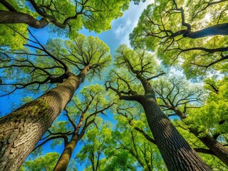 Fototapeta premium Majestic View of Large Linden and Oak Trees Reaching for the Sky in a Minimalist Setting, Captured from Below Through the Lush Treeline, Emphasizing Nature's Beauty and Serenity