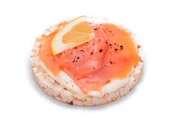Rice Cake Sandwich with Fresh Salmon and Lemon - Isolated on White Background. Diet Food. Quick and Healthy Sandwiches. Crispbread with Fresh Fillings. Healthy Dietary Snack