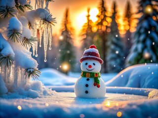 Obraz premium Melting Snowman in a Winter Landscape Surrounded by Snow-Covered Trees and Sparkling Icicles, Capturing the Beauty and Transience of Winter in Tilt-Shift Photography